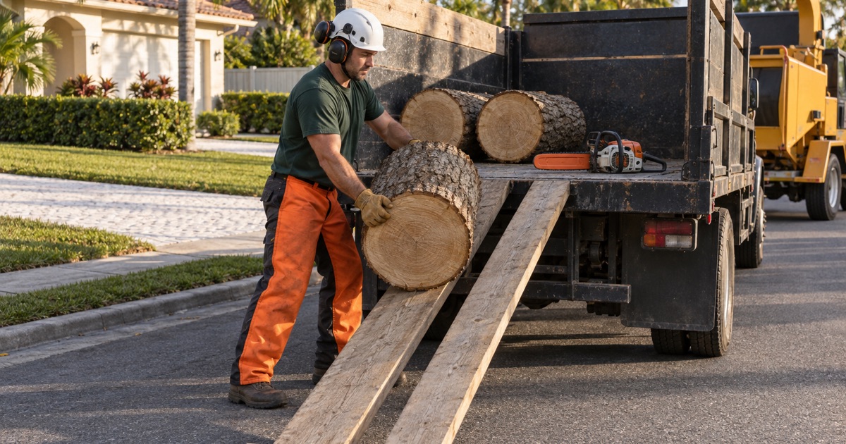 Worker rolling a live oak round up plank ramps onto a flatbed tailboard in Bonita Springs.