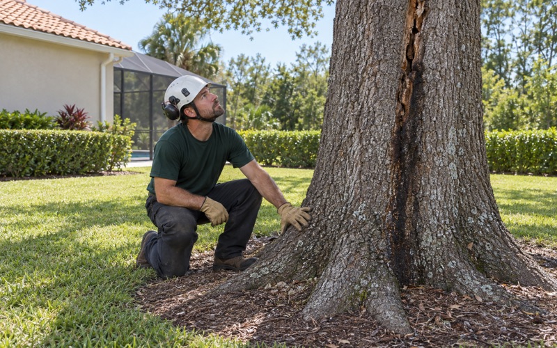 Worker at the root flare of a defective laurel oak in a Bonita Springs yard, reading a basal crack.