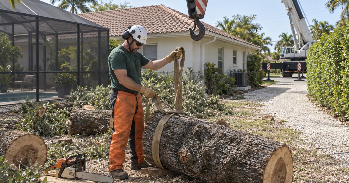 Worker dressing a choker strap on a black olive log under an empty crane hook block in Bonita Springs.