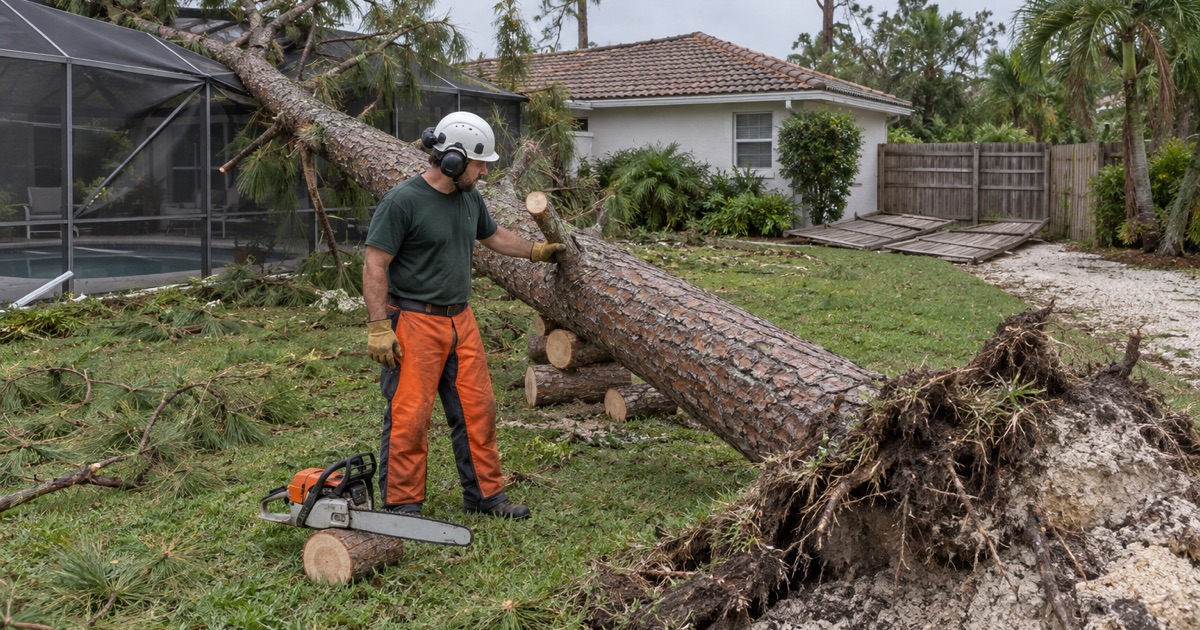 Worker at the limb butt of a windthrown slash pine caught on a Bonita Springs pool cage.