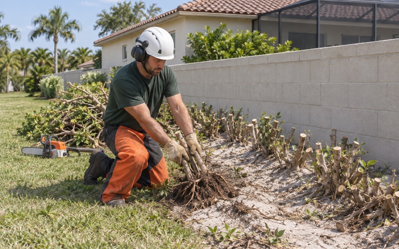Worker pulling a ficus hedge stem cluster out of a Bonita Springs boundary line after the top is off.