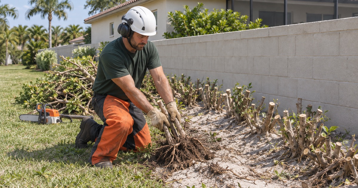 Worker pulling a ficus hedge stem cluster out of a Bonita Springs boundary line after the top is off.