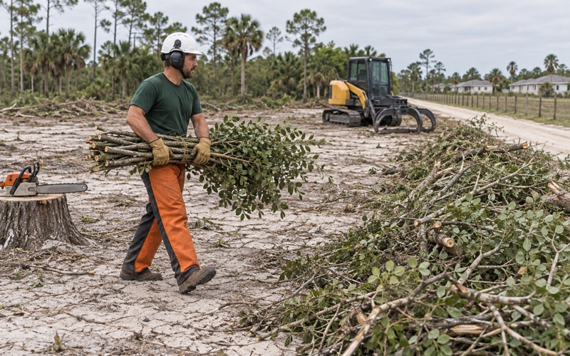 Worker carrying a bundle of cut earleaf acacia out to a windrow on a Bonita Springs clearing lot.