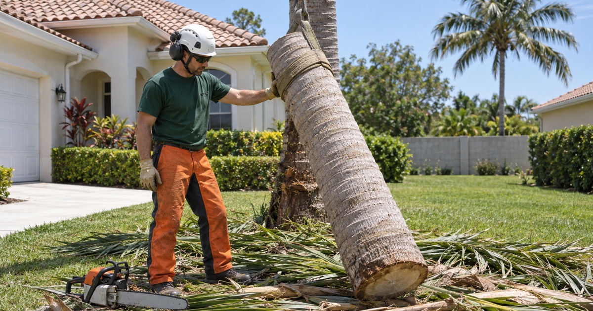 Worker guiding the last coconut palm trunk section down onto a ground pad of cut fronds in Bonita Springs.