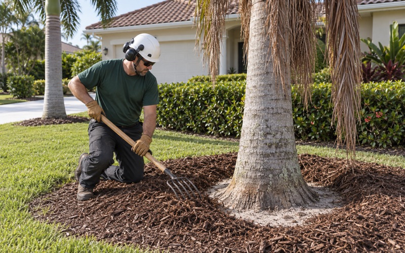 Worker drawing an over-deep mulch ring back off the root flare of a declining royal palm in Bonita Springs.