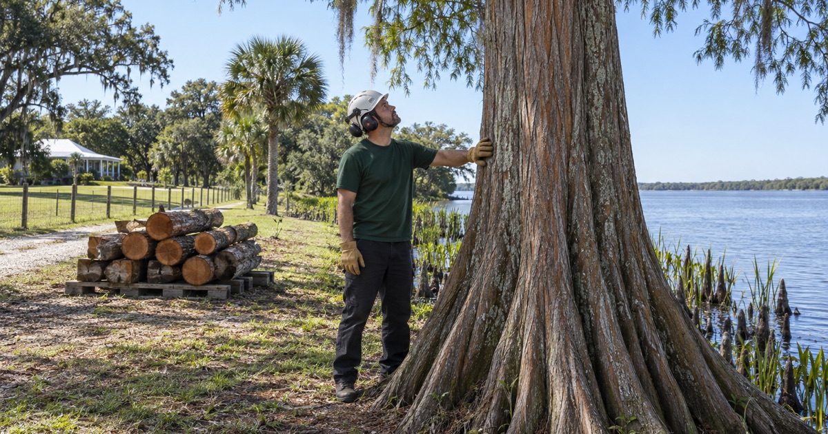 Worker with a hand on the fluted bole of a bald cypress at the wet corner of an Alva river lot.