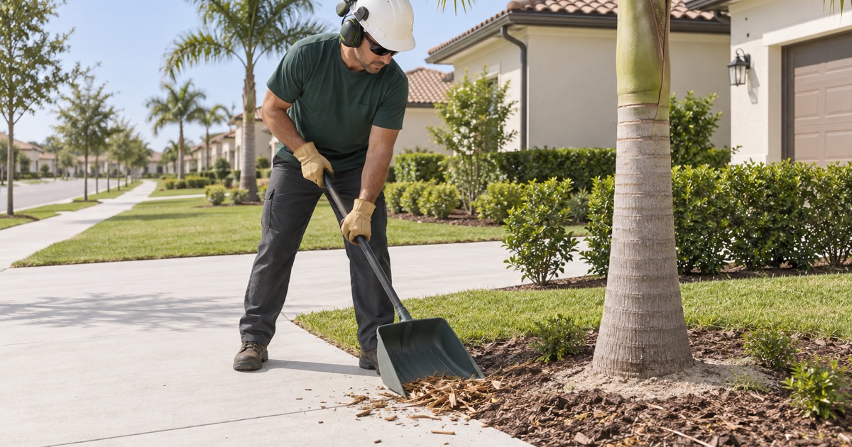 Worker scooping chips back into the mulch ring of a young queen palm in Ave Maria.