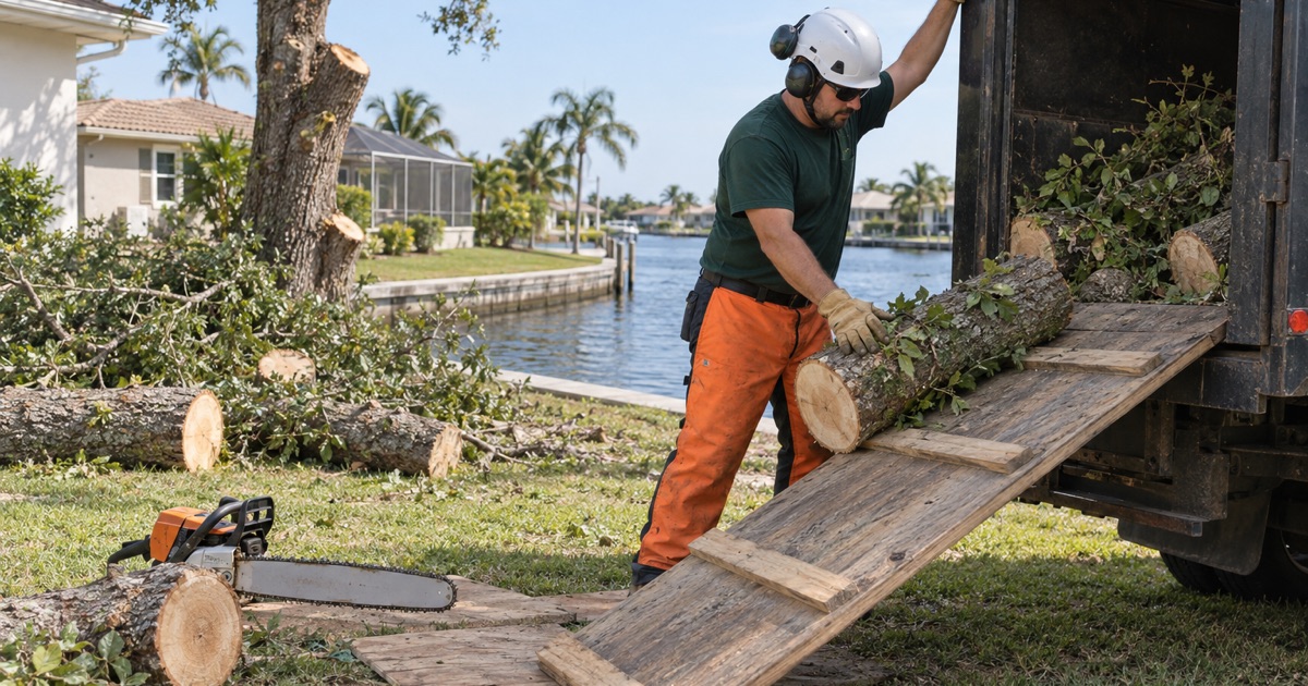 Worker rolling a laurel oak round over the chip box rail on a Cape Coral canal lot.