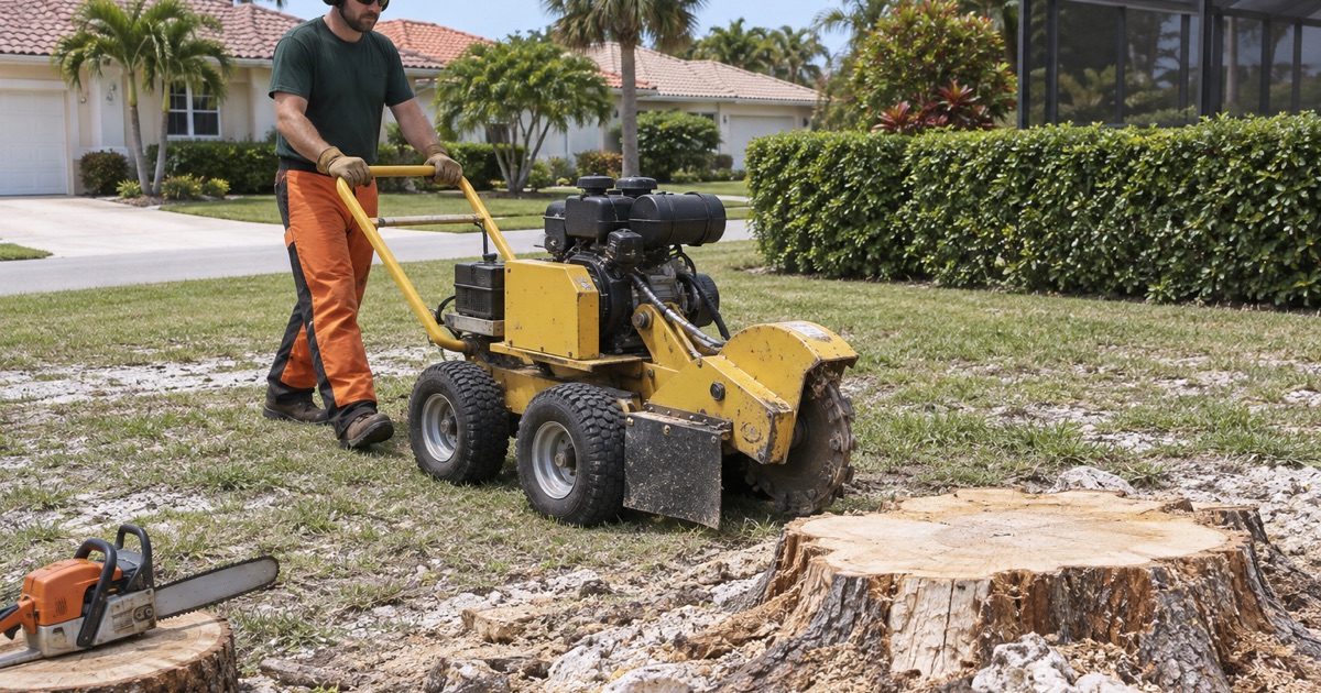 Worker walking a stump grinder by its tow bar to a gumbo limbo stump on a Cypress Lake lot.