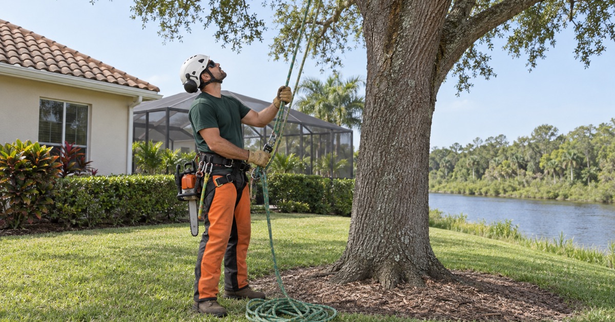 Worker drawing slack through his friction device at the foot of a water oak on a flat Estero lot.