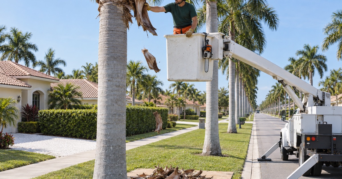 Worker in a bucket peeling old palm boots off a royal palm trunk on a Fort Myers street.