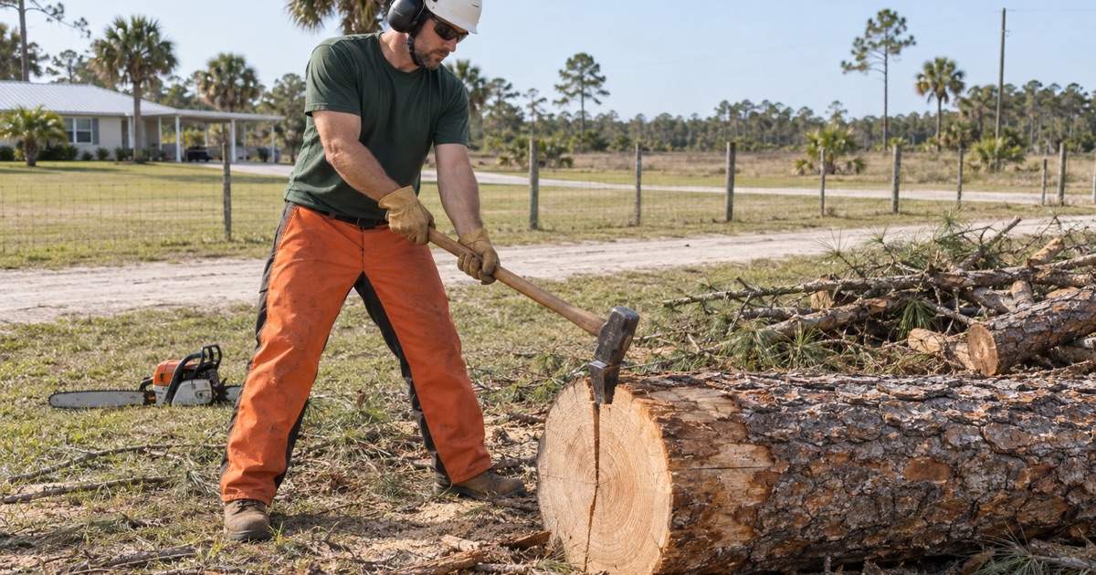 Worker driving a wedge with a sledge into the butt end of a felled slash pine at an Immokalee lot edge.