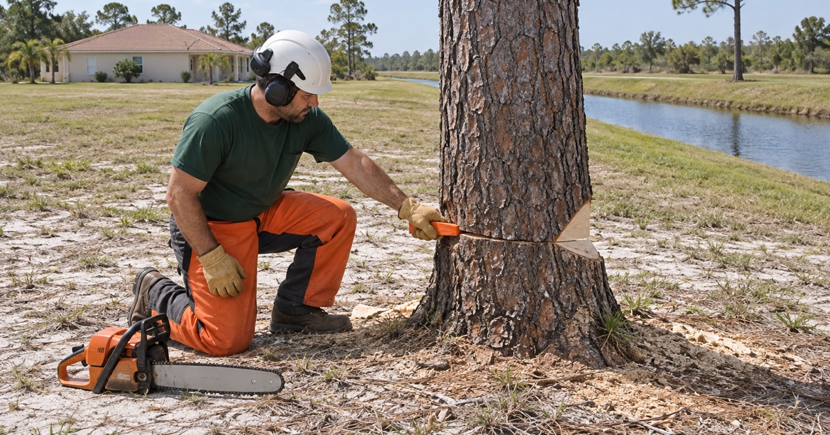 Worker setting a felling wedge in the back cut of a slash pine on a wide Lehigh Acres lot.