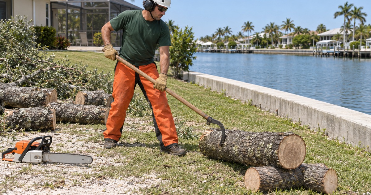 Worker rolling a black olive log with a cant hook on a Marco Island canal lot.