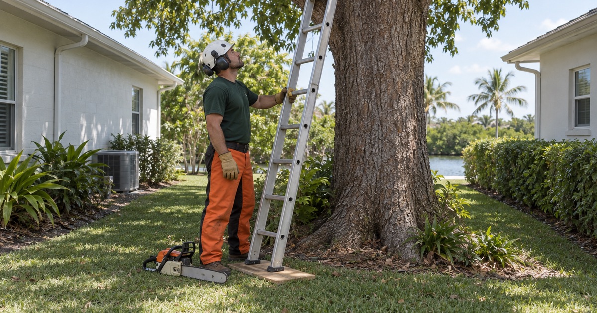 Worker footing a ladder against a mahogany trunk on a narrow Naples Park lot.