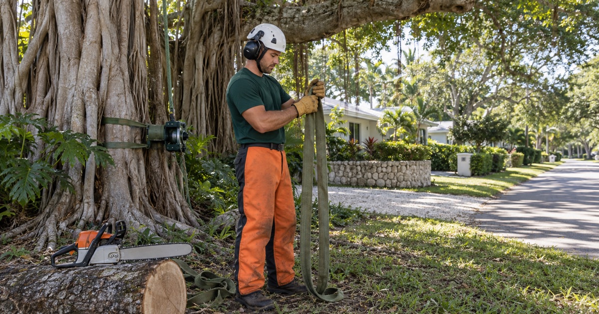 Worker dressing an empty rigging sling under a banyan on an old Naples street.