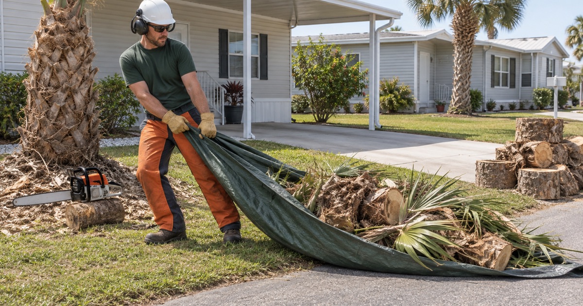 Worker dragging a loaded tarp of cabbage palm debris off a North Fort Myers park lot.
