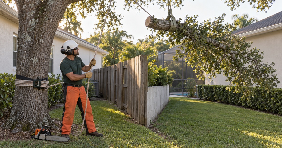 Ground worker holding the rope tail as a water oak limb is lowered clear of a Bonita Springs boundary fence.