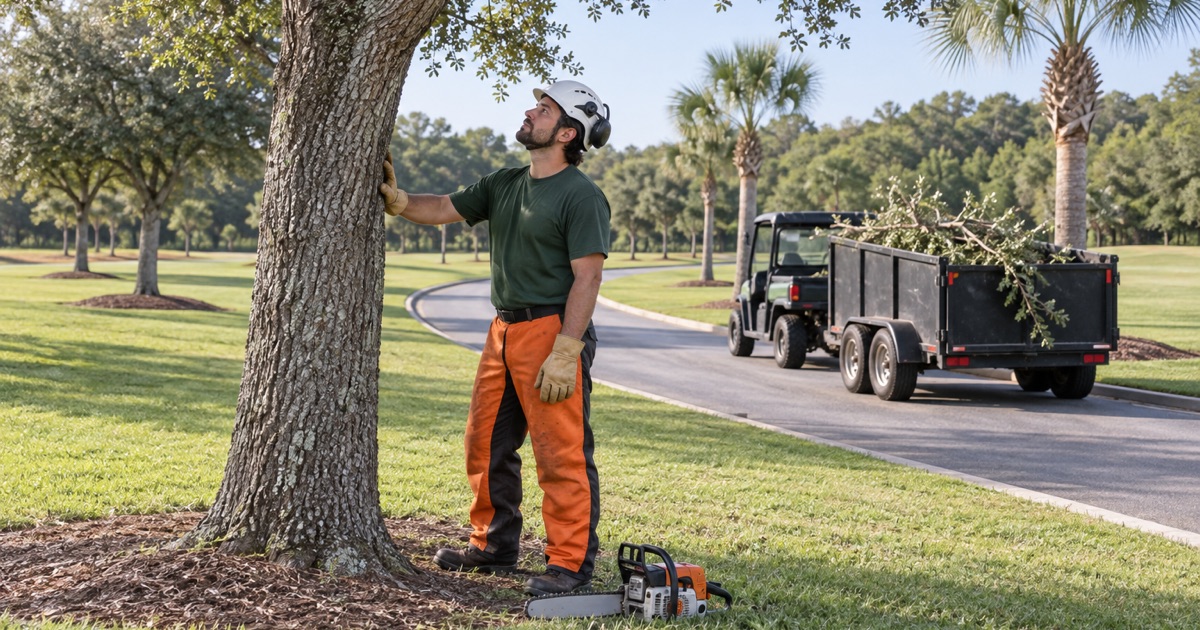 Worker taking deadwood out of a live oak on mown Punta Rassa common grounds.