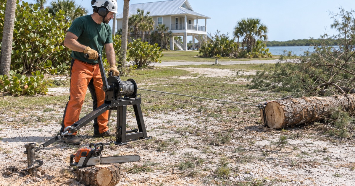 Worker on the winch drum handle taking the pull on a cut Australian pine on a Sanibel lot.
