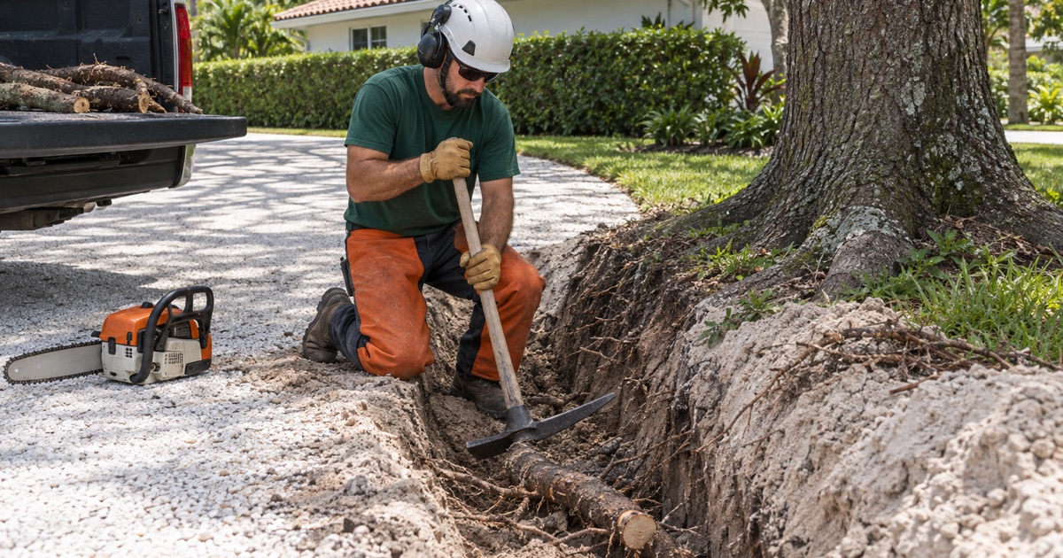 Worker breaking out a severed live oak surface root beside a lifted Bonita Springs shell drive.