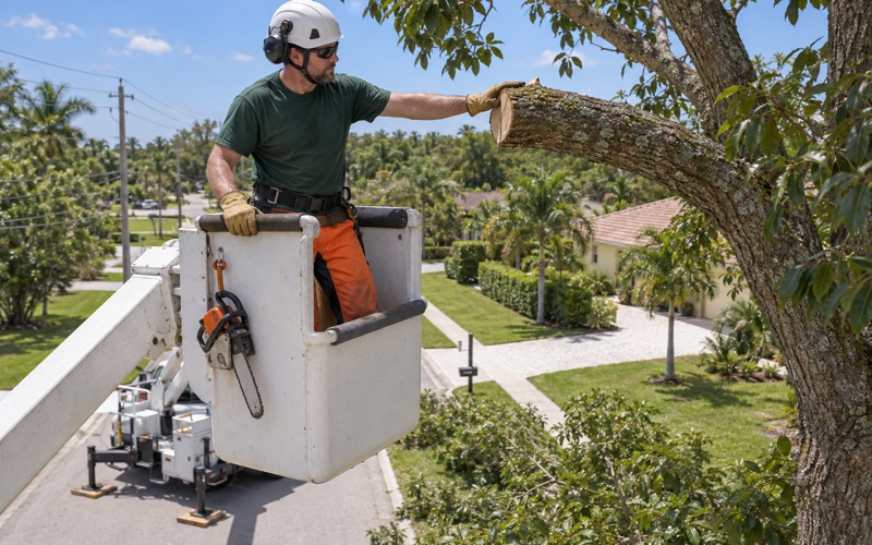 Worker in a bucket making a mahogany cut at the branch collar over a Bonita Springs street.